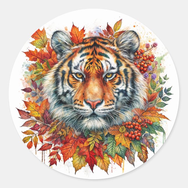 Adesivo Autumn Tiger Face Among Fall Leaves (Frente)