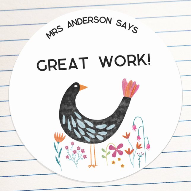 Adesivo Ave de Encorajamento do Nome do Professor (Fun bird personalize teacher name student encouragement great work sticker)