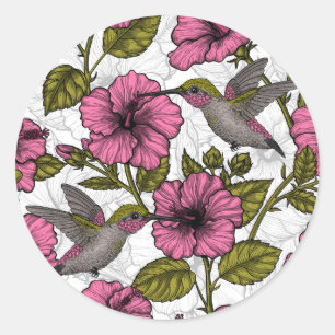 Adesivo Aves de capoeira e flores de hibisco rosa