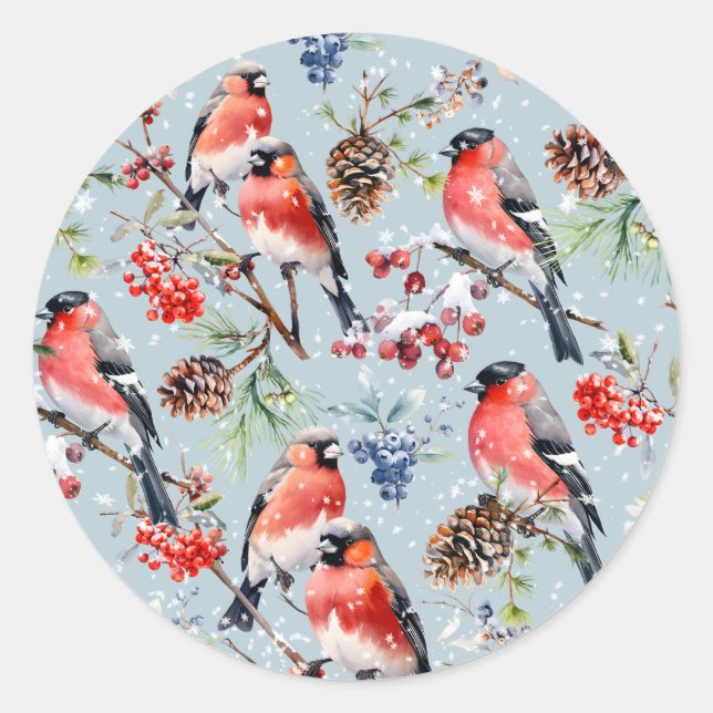 Adesivo Aves de Natal Red Bullfinch Berries & Pine Cones (Frente)