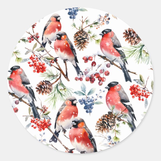 Adesivo Aves de Natal Red Bullfinch Berries & Pine Cones (Frente)