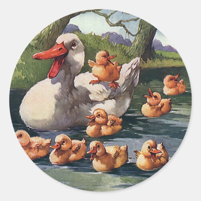 Adesivo Aves Selvagens Vintage, Ducklings Duck Family (Frente)