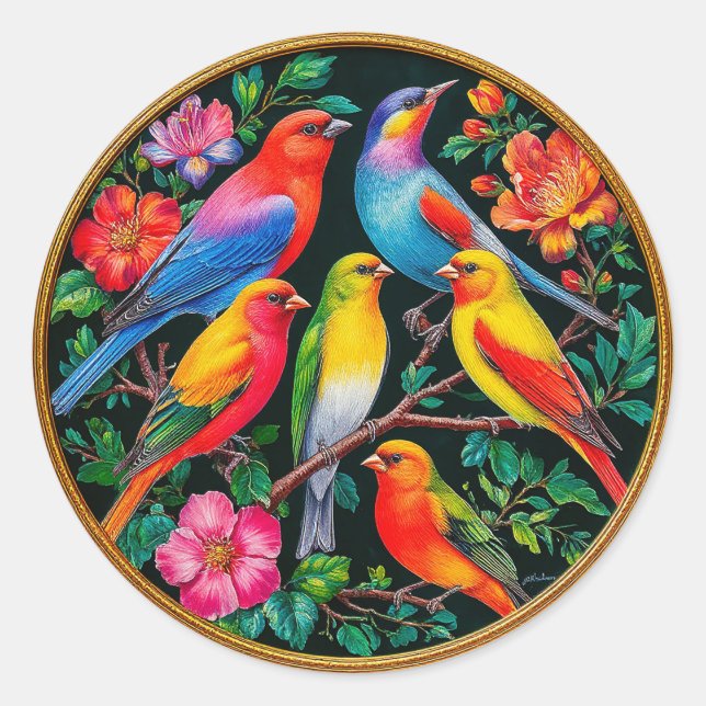 Adesivo Aves Vibrantes Empoleiradas em Ramais de Flor (Frente)