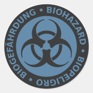 Adesivo Aviso trilíngue azul desvanecido do Biohazard