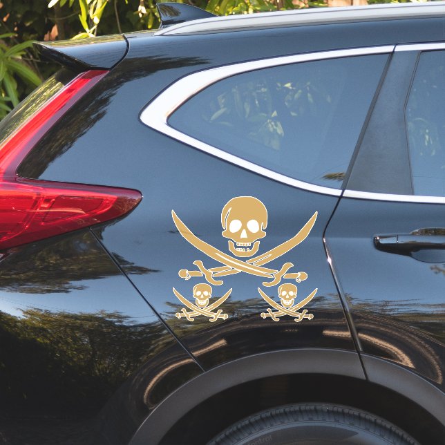Adesivo Aztec Dourado Crânio e Cutlass Pirata Calico Jack (Lado do carro)