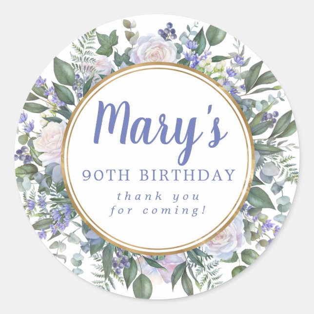 Adesivo Azul 90 Floral Branco Aniversário Obrigado (Frente)