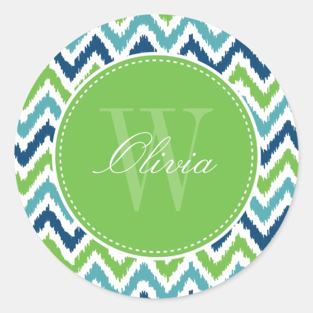 Adesivo Azul Aqua Verde Zigzag Ikat Pattern Monograma (Frente)