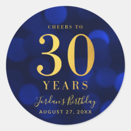 Adesivo Azul Bokeh Dourado Saúde aos 30 anos de aniversári