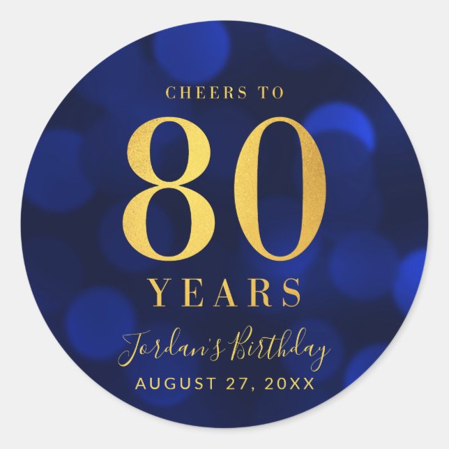 Adesivo Azul Bokeh Dourado Saúde aos 80 anos de aniversári (Frente)