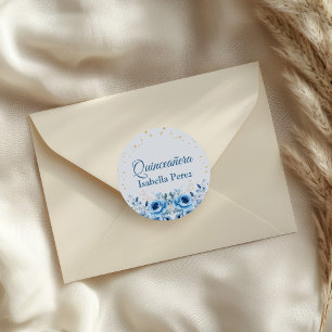 Adesivo Azul Claro Floral e Purpurina Dourada Quinceanera