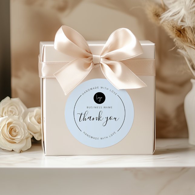 Adesivo Azul Claro, obrigado, feito à mão com amor (Light Blue Thank You Handmade with Love Classic Round Sticker)