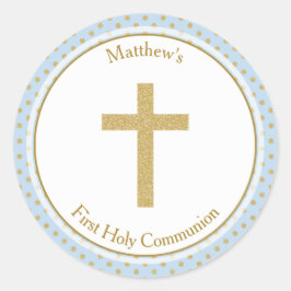 Adesivo Azul de comunhão com Bolinhas Douradas