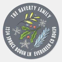 Adesivo Azul Empoeirado Desenhado a Mão Holly Spruce Natal