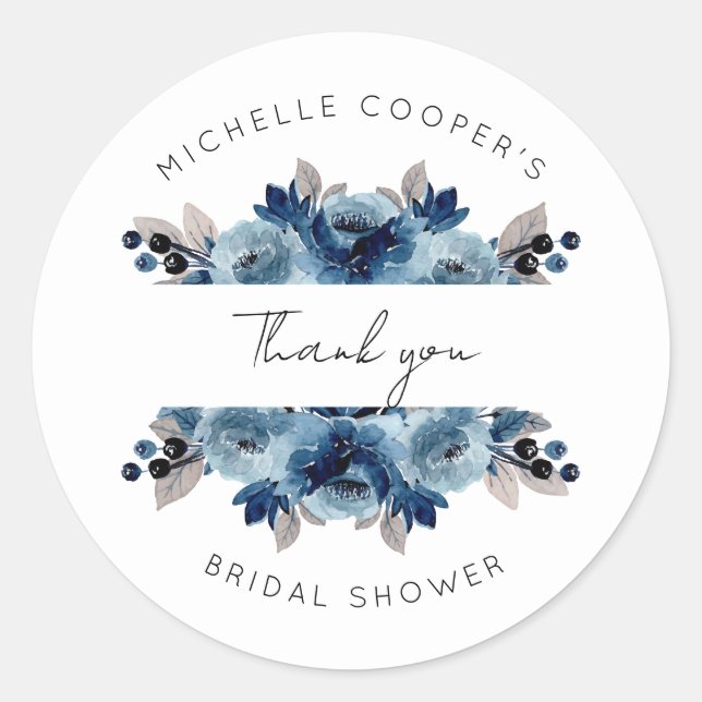 Adesivo Azul Empoeirado e Floral Marinho Obrigada (Frente)