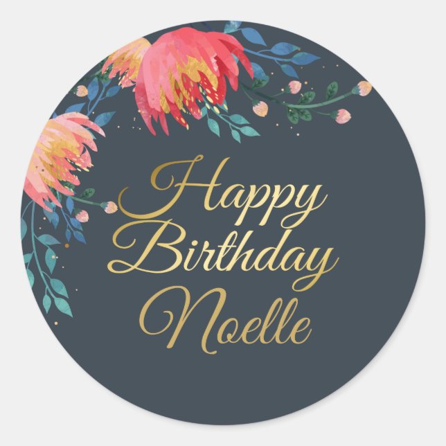 Adesivo Azul Escuro, Elegante, Flores Whimsical, Destaque  (Frente)