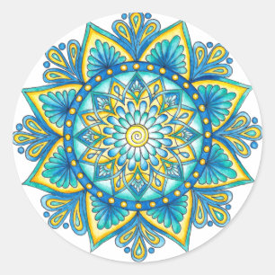 Adesivo Azul Floral Mandala Amarelo Turquesa