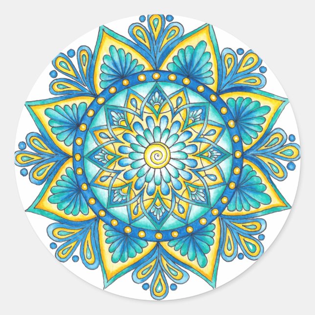 Adesivo Azul Floral Mandala Amarelo Turquesa (Frente)