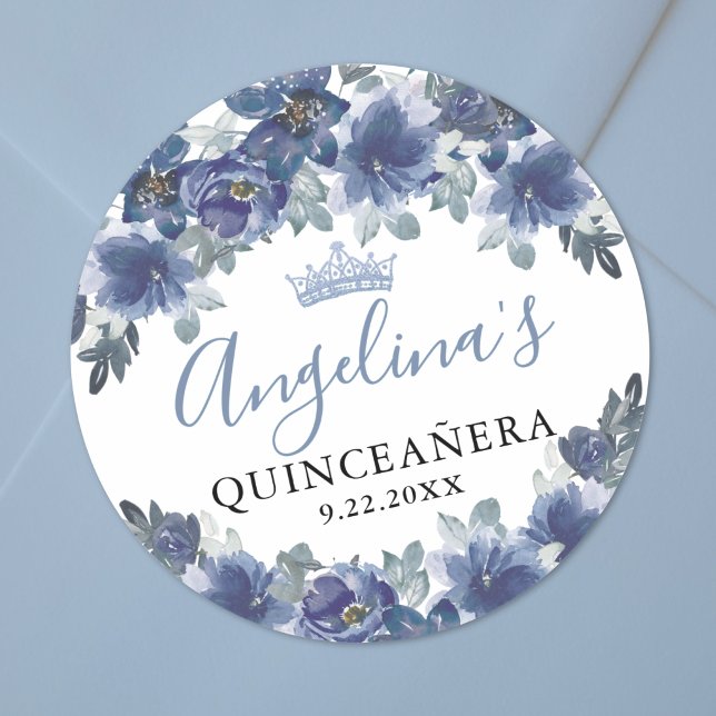 Adesivo Azul Floral Quinceanera (Floral Blue Quinceanera Classic Round Sticker)