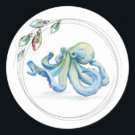 Adesivo Azul Octopus Beachy Christmas Watercolor<br><div class="desc">Mergulhe no espírito de Natal com uma encantadora foca de envelope de Natal, apresentando a única arte de Victoria Grigaliunas do Do Tell A Belle. Esta vedação branca apresenta um polvo azul de aquarela bem renderizado, seus tentáculos graciosamente entrelaçados com uma vibrante corda de luzes de férias. Cada foca captura...</div>