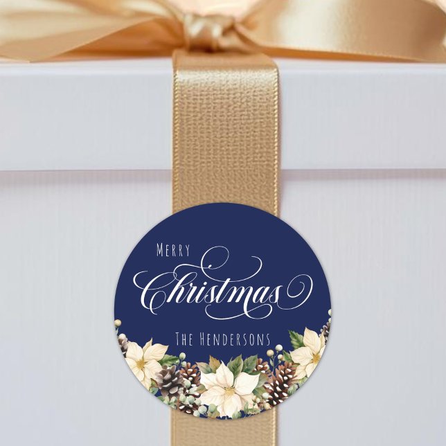 Adesivo Azul Poinsettia de Natal Branco (White Christmas Poinsettia blue Classic Round Sticker)