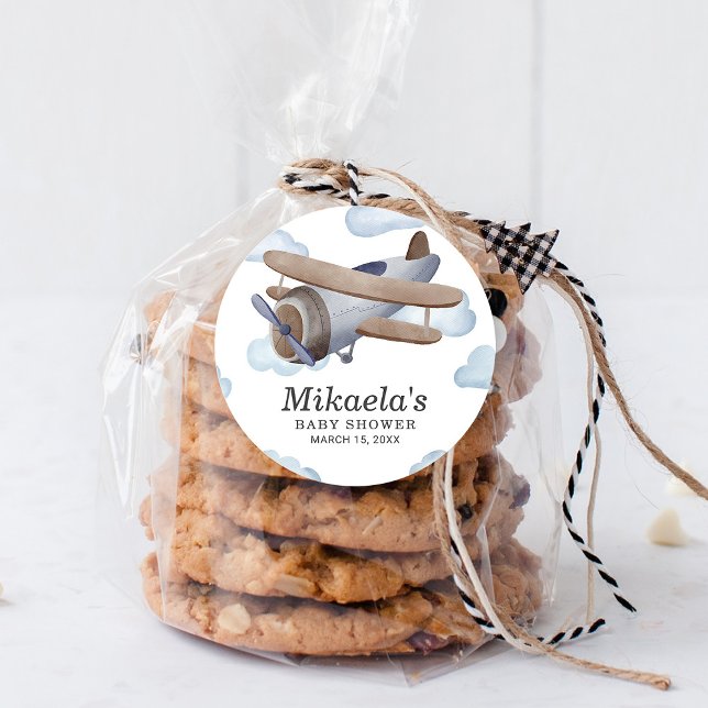 Adesivo Azul Vintage Avião Chá de Bebê Obrigado (Criador carregado)