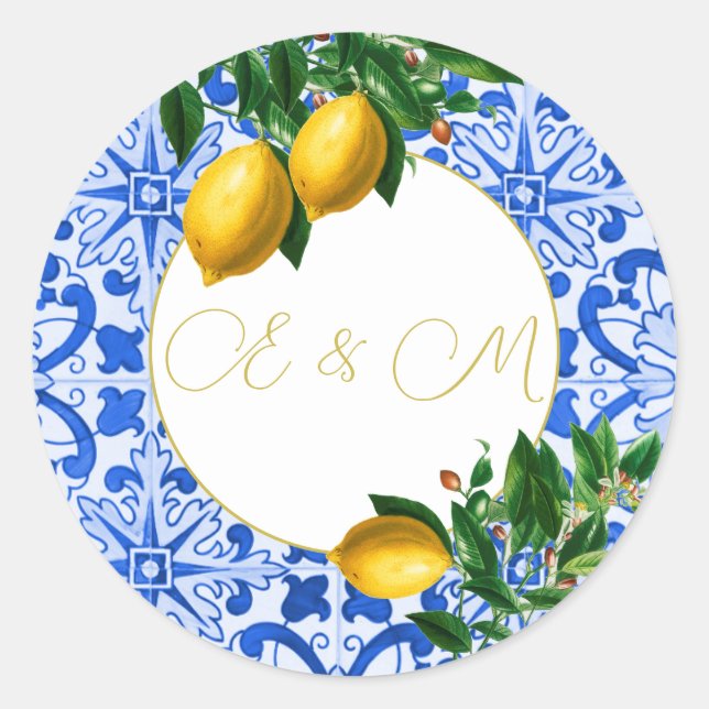 Adesivo Azulejo Azul de Lemon Casamento Monograma Verão (Frente)