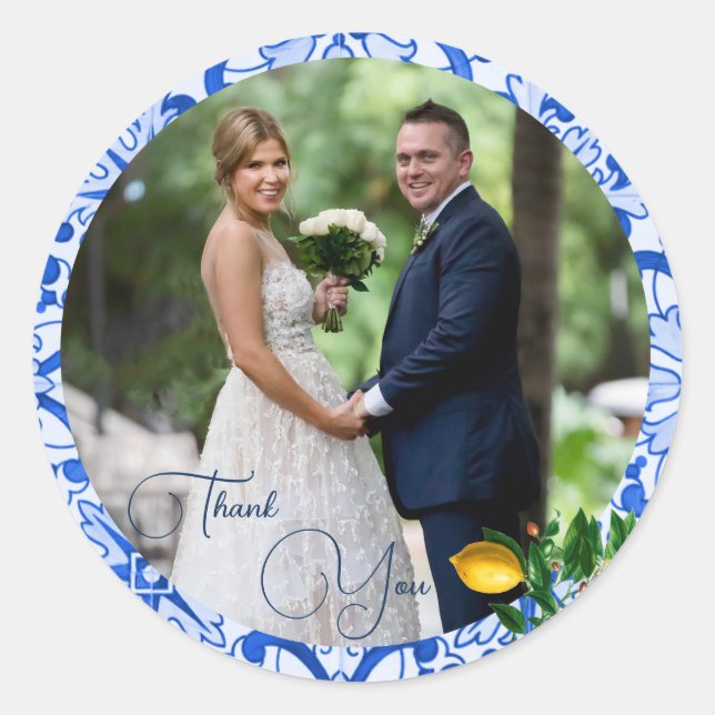 Adesivo Azulejo Azul Lemon Foto de Casamento Obrigado (Frente)