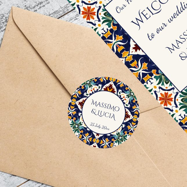 Adesivo Azulejo, casamento azul no Mediterrâneo (Azulejo blue Portuguese Morocco Turkish tiles Mediterranean wedding bride and groom names Sticker)