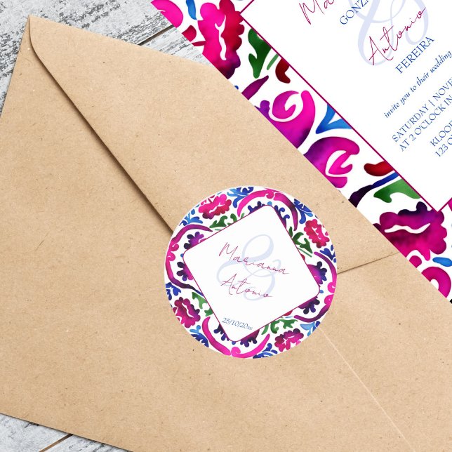 Adesivo Azulejo de casamento de Talavera mexicana azul ros (Pink blue Mexican Talavera tiles wedding template Stickers bride and groom names stickers)