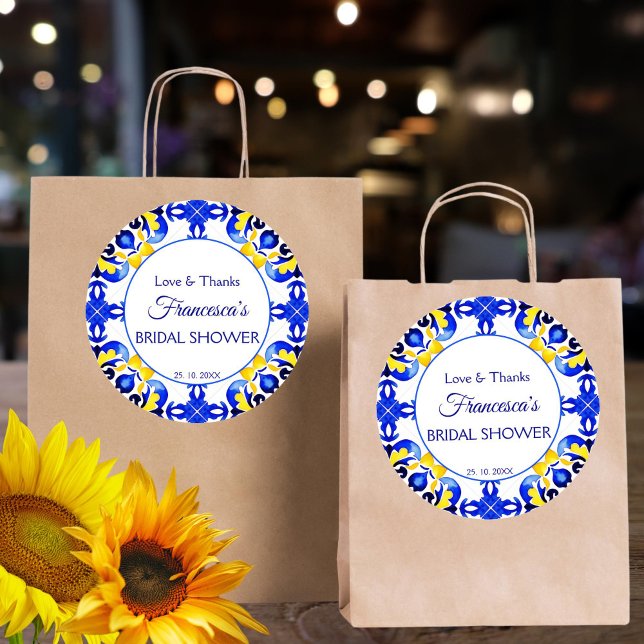 Adesivo Azulejo Talavera ladrilhos azuis lembrancinha de c (Talavera azulejo blue yellow tiles bridal shower thank you favor sticker bridal shower favors)
