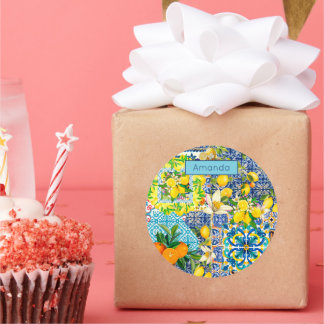 Adesivo Azulejos florais de citrinos de cor azul-chic