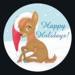 Adesivo Baby Christmas Reindeer<br><div class="desc">Uma adorável rena bebê senta-se na neve vestindo um chapéu de Santa! O texto diz: "Felizes Feriados!" Personalize-o clicando em "Personalizar!" Botão.</div>