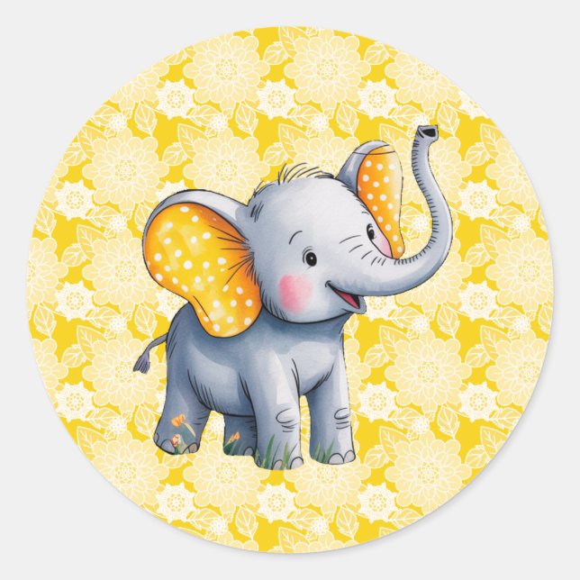 Adesivo Baby Elephant Yellow Polka Dot Ears Baby Shower (Frente)