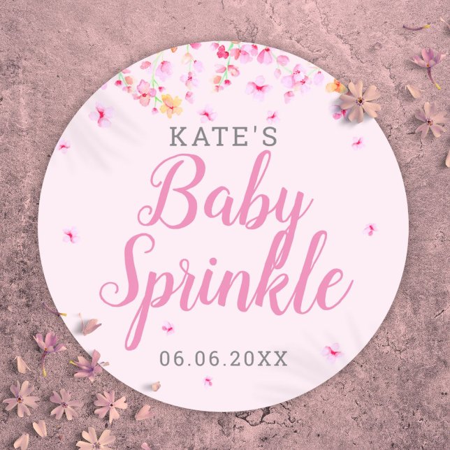 Adesivo Baby Girl Sprinkle Pink Watercolor Floral (Baby Girl Sprinkle Pink Watercolor Blossom Floral Classic Round Sticker)