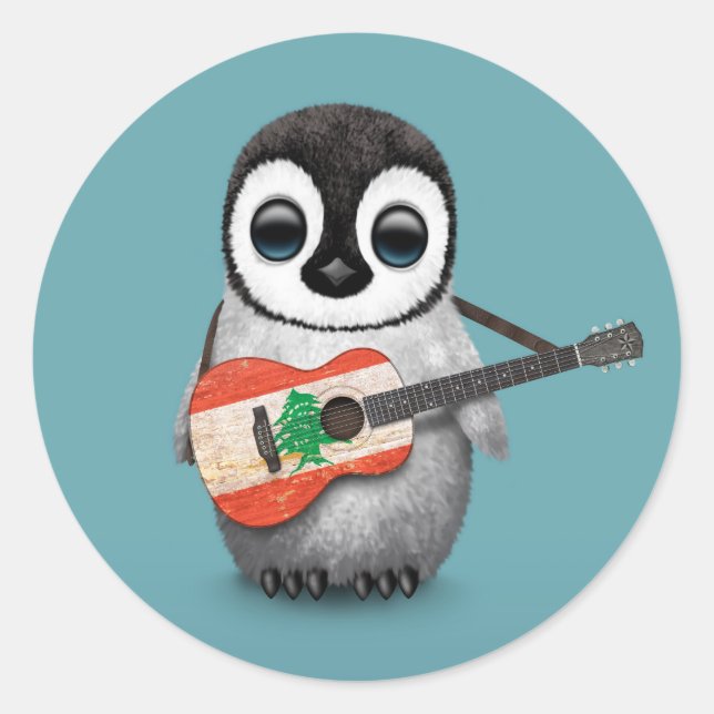 Adesivo Baby Penguin Tocando Bandeira Libanesa Violão Azul (Frente)