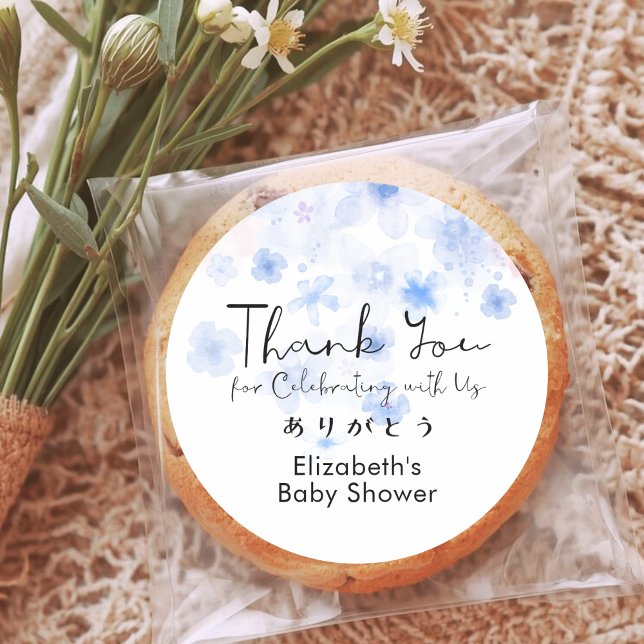 Adesivo Baby Shower Thank You Blue Floral Cute Script (Criador carregado)