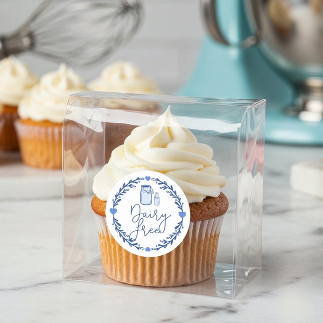 Adesivo Bagaria Leite sem Leite Jug & Wreath Azul & Branco (Bakery Dairy Free Milk Jug & Wreath Blue & White Classic Round Sticker)