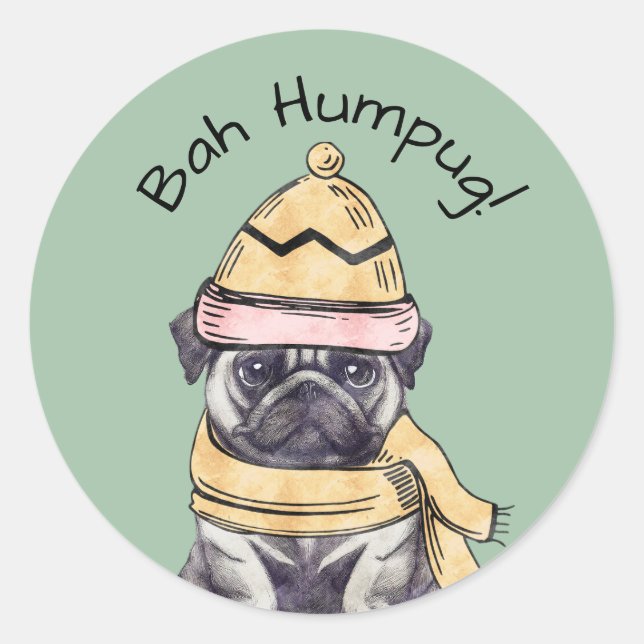 Adesivo Bah Humpug Adorável Natal Pug Ilustrado Inverno  (Frente)