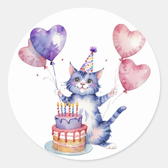 Adesivo Balão de Bolo de Bolo de Gato Roxo - Aniversário (Frente)