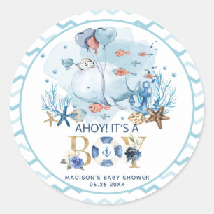 Adesivo Baleia Ahoy É um Menino Chá de Bebê Agradecimento