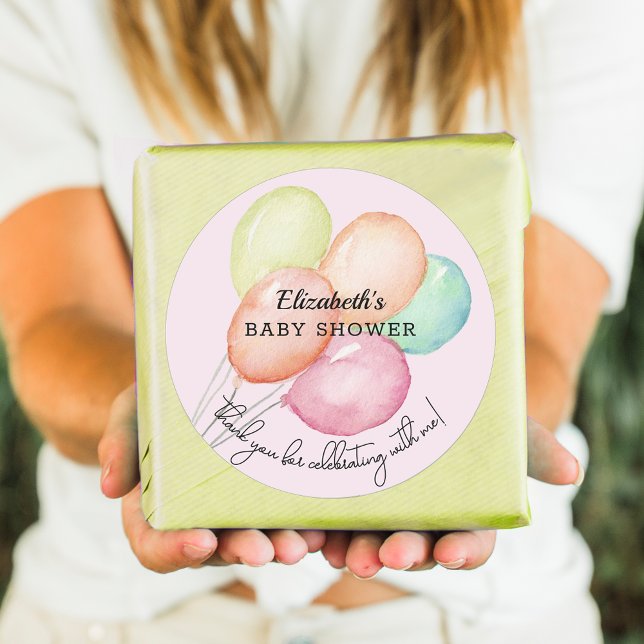 Adesivo Balões de Aquarela em Chá de fraldas Rosa (Watercolor balloons on pink girl  baby shower round favor stickers)