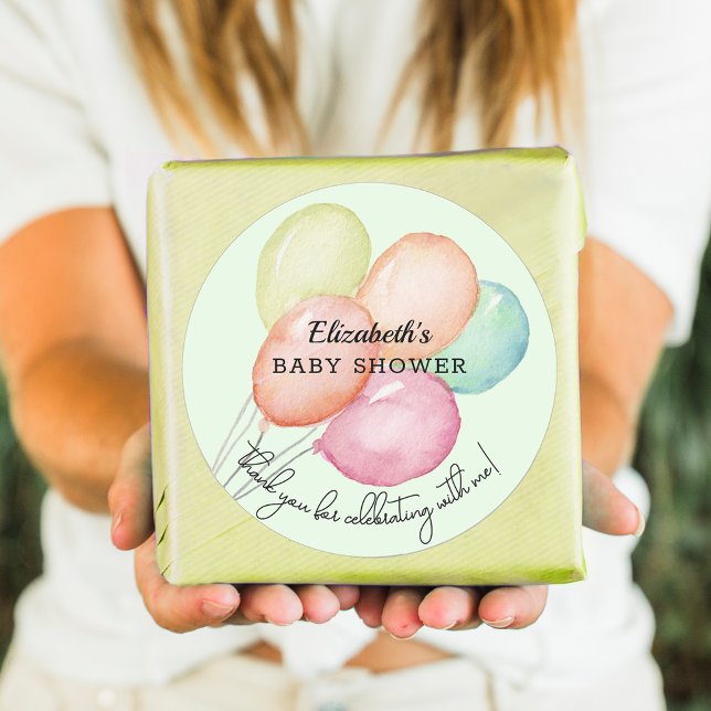 Adesivo Balões de Aquarela no Chá de fraldas Verde (Watercolor balloons on pale green unisex baby shower round favor stickers)