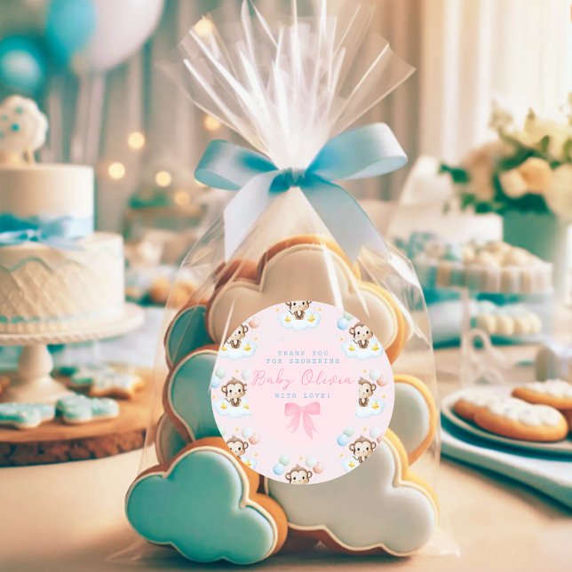 Adesivo Balões De Macaco Simples E Bonitos, Rosa, Obrigado (Baby shower sticker)