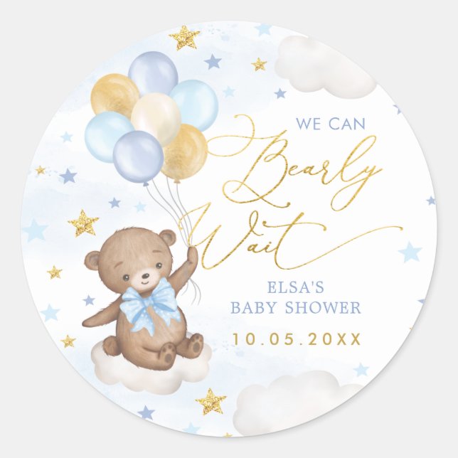 Adesivo Balões de Urso Dourado Azul Nuvens Estrelas Bebê (Frente)