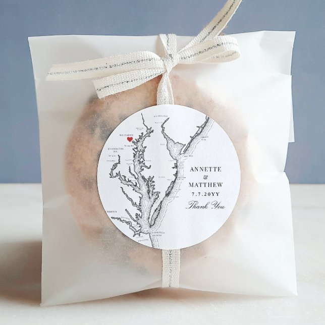Adesivo Baltimore Maryland Black White Weding Favor (Baltimore MD Wedding Favor Sticker with Elegant black and white Chesapeake Bay map)