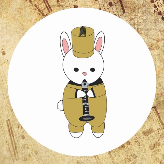 Adesivo Banda Clarinet Dourado Marcha do Coelho (A sticker of a rabbit playing the clarinet while wearing a black and gold marching band uniform)