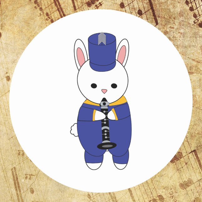 Adesivo Banda Marcha Clarinet Rabbit Azul Dourado (A sticker with a rabbit playing the clarinet while wearing a blue & yellow marching band uniform.)