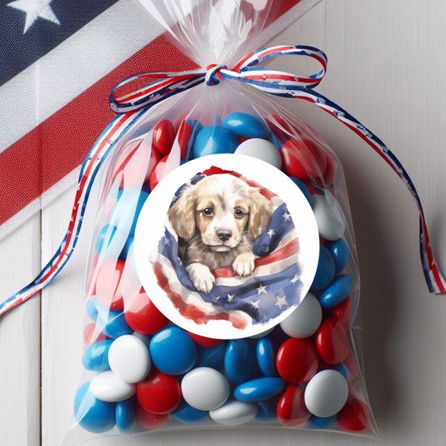 Adesivo Bandeira Azul-Americana Cachorro Vermelho Vermelho (Patriotic puppy and American flag sticker)