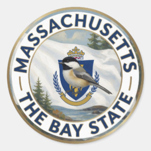 Adesivo 🌊 Bandeira de Massachusetts e Chickadee-de-cabeça