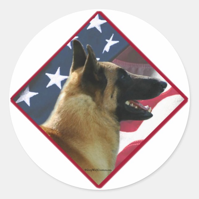 Adesivo Bandeira Malinois belga; Malinois 4 de julho, EUA (Frente)